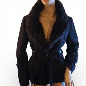 NWOT Last Kiss Black Pea Coat Women's Faux-fur Collar Belted Button Up Size X-LG